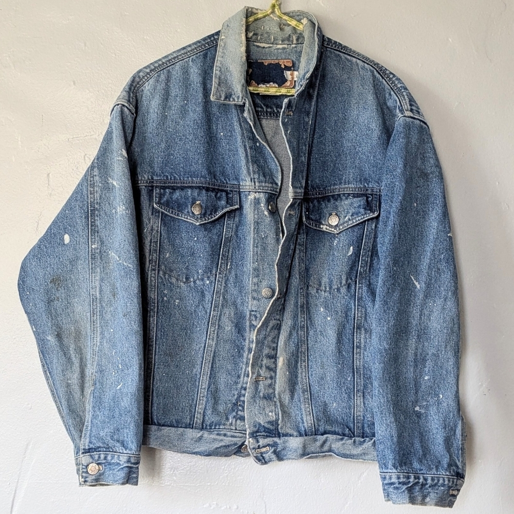 Vintage Calvin Klein Distressed Denim Trucker Jacket XL Paint Patina & Thrashed